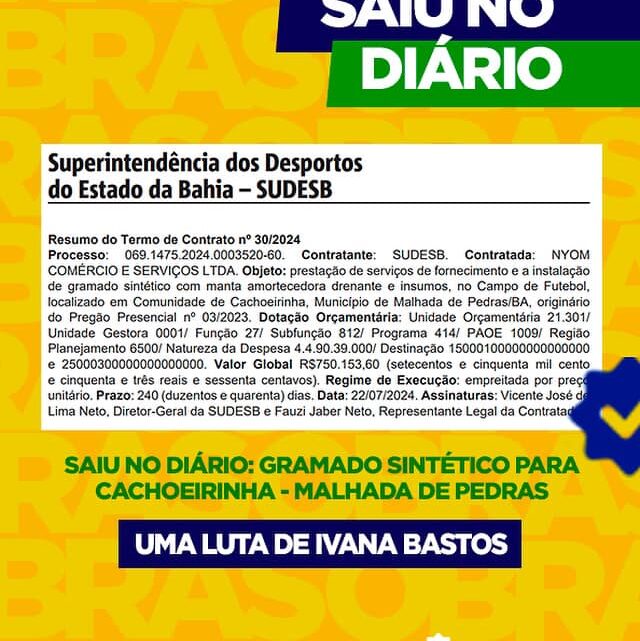 pós empenho de Ivana Bastos, Areninha de Malhada de Pedras receberá gramado sintético