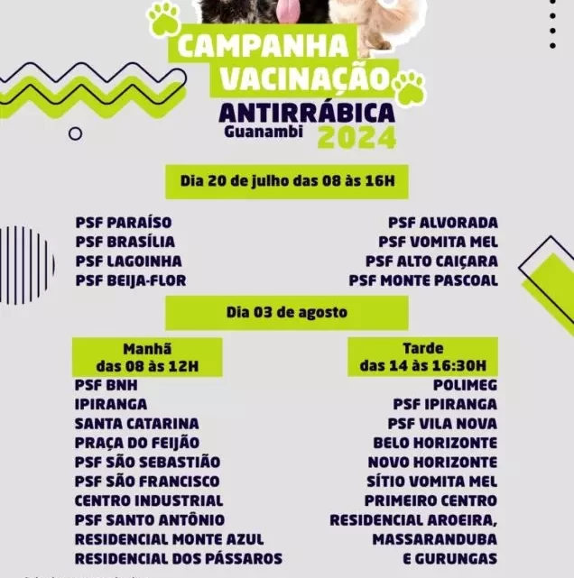 Secretaria de saúde de Guanambi inicia neste sábado (20), campanha de vacinação antirrábica para cães e gatos