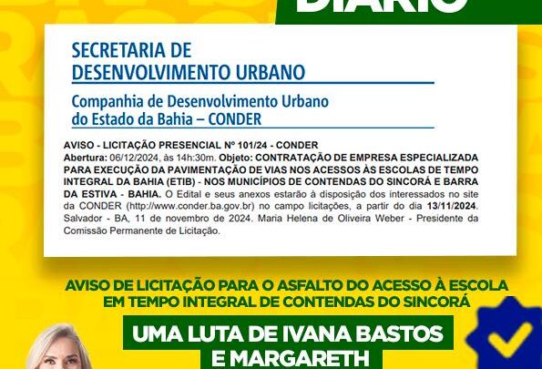 Acesso à Escola em Tempo Integral de Contendas do Sincorá receberá asfalto graças à atuação da deputada Ivana Bastos e da prefeita Margareth