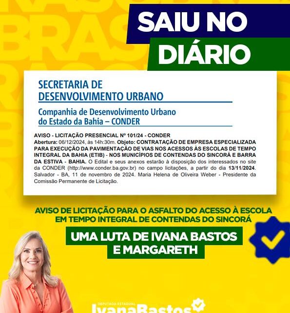 Acesso à Escola em Tempo Integral de Contendas do Sincorá receberá asfalto graças à atuação da deputada Ivana Bastos e da prefeita Margareth