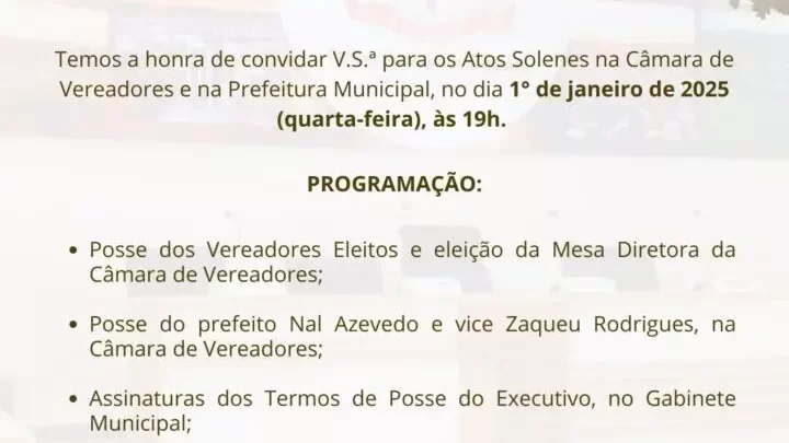 Câmara de Vereadores e Prefeitura de Guanambi convidam para atos solenes de posse dos vereadores, prefeito e vice, eleição da mesa diretora e posse dos novos secretários municipais