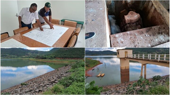 Secretário de Agricultura inspeciona vazamento em comporta na Barragem de Ceraíma; desperdício seria suficiente para irrigar 100 hectares