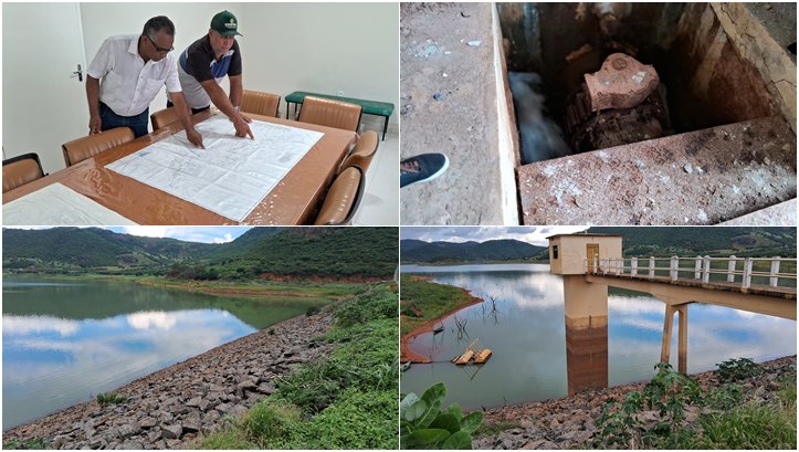 Secretário de Agricultura inspeciona vazamento em comporta na Barragem de Ceraíma; desperdício seria suficiente para irrigar 100 hectares