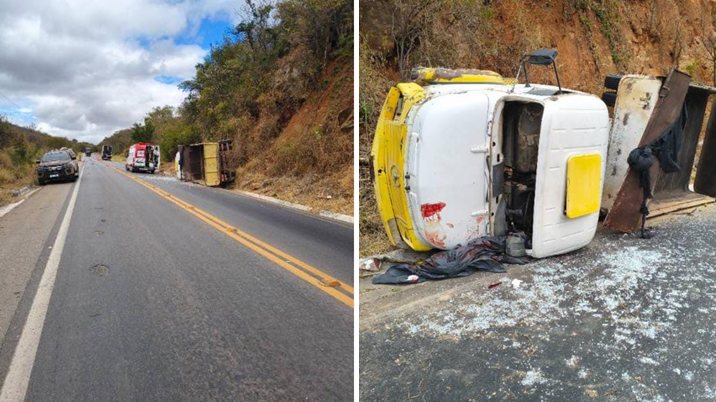 Motorista fica ferido após caminhão colidir contra paredão de pedras na BR-030, em Guanambi