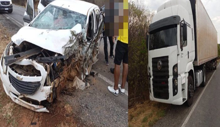 Motorista fica preso às ferragens após colisão entre carro e caminhão na BR-122, entre Pindaí e Urandi