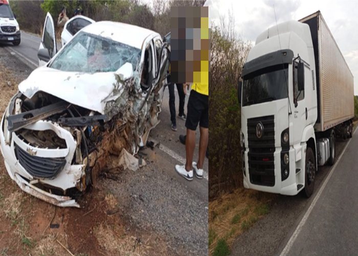 Motorista fica preso às ferragens após colisão entre carro e caminhão na BR-122, entre Pindaí e Urandi